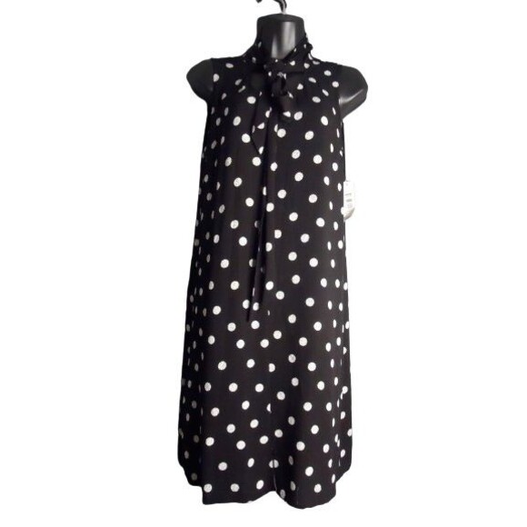 Tribal Femme High Tie Neck Knee Length Dress Black White Polka Dot Size TP/XS - Picture 1 of 10